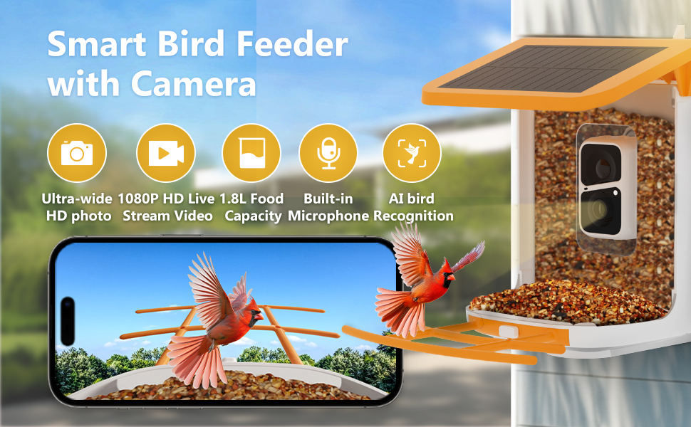 Smart Bird Feeder with Camera + Solar Panel, Auto Capture & Identify 10000+ Bird Species, Bird Videos for Birdwatching, Ideal Gift for Bird Lover