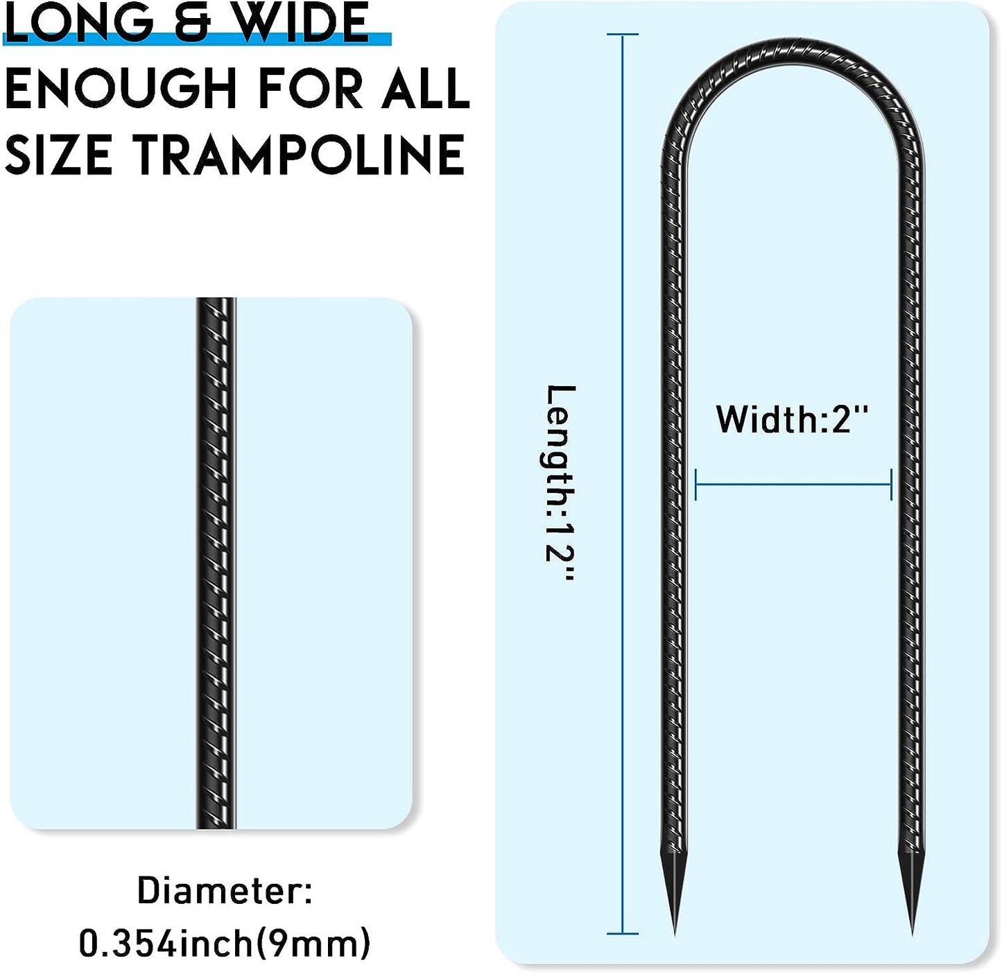 Trampoline Stakes U Shaped Anchors Heavy Duty Metal - Long Trampolines Ground Wind Stakes for Soccer Goals, Camping Tents, Garden Decoration (Black-8 Pack)