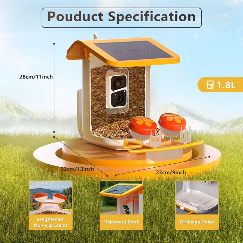 Smart Bird Feeder with Camera + Solar Panel, Auto Capture & Identify 10000+ Bird Species, Bird Videos for Birdwatching, Ideal Gift for Bird Lover