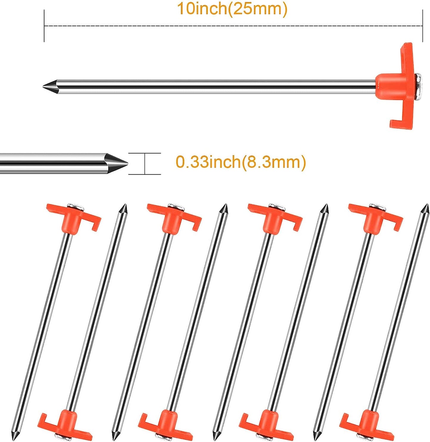 Tent Stakes Heavy Duty Tent Nail Camping Stakes,Tent pegs for Pop Up Canopy, Ground, Garden, 10" Galvanized Steel Stakes 8pc-Pack (Orange)