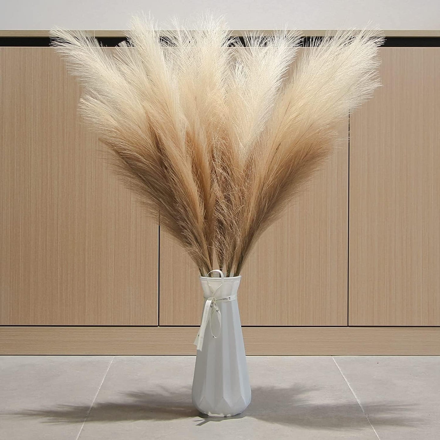 4PCS Faux Pampas Grass 43"/110cm Tall Artificial Pompas Floral Large Fake Pompous Grass, Rustic Trendy Minimalist Boho Farmhouse Room Decor (Beige Mix Brown)