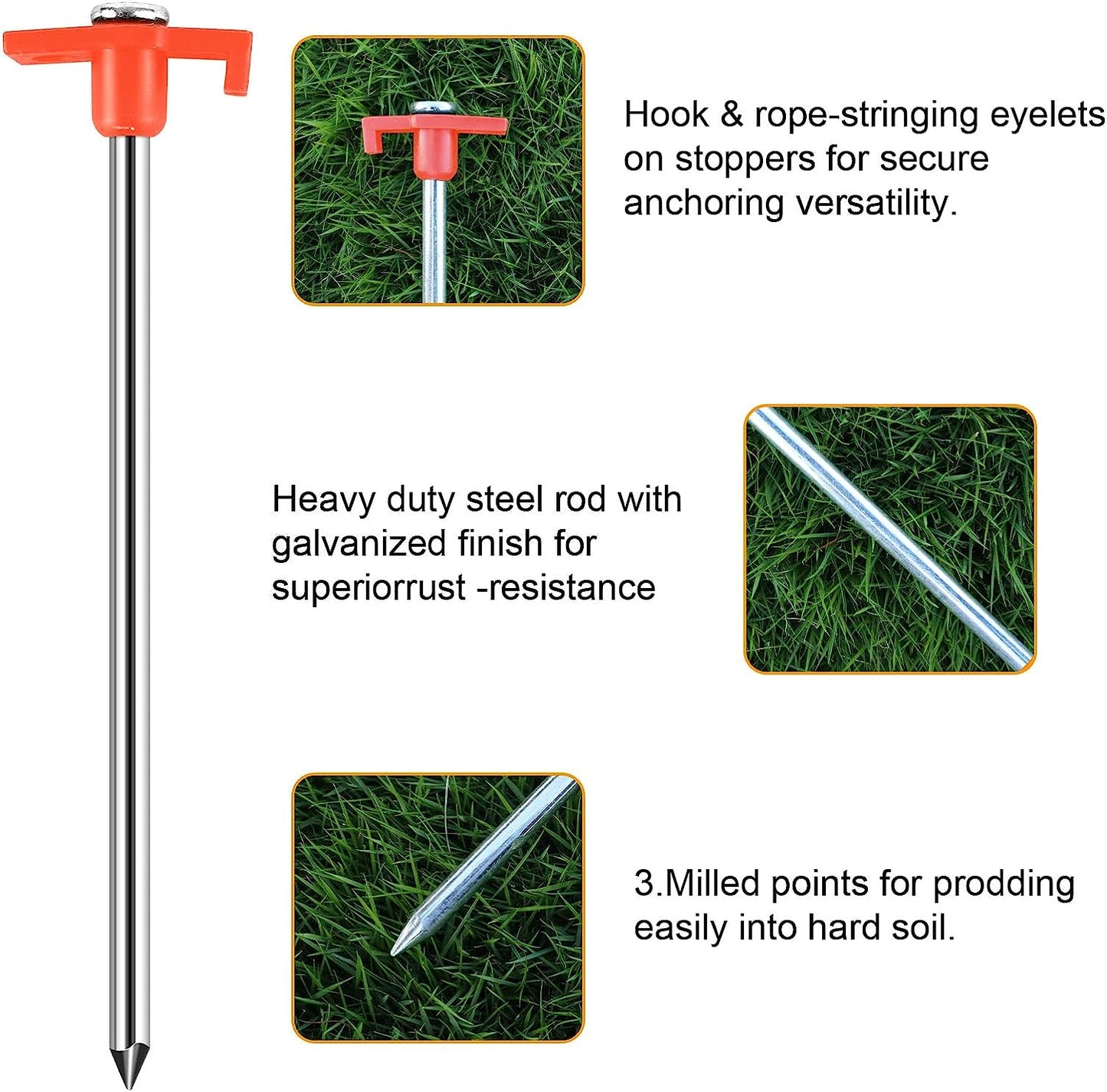 Tent Stakes Heavy Duty Tent Nail Camping Stakes,Tent pegs for Pop Up Canopy, Ground, Garden, 10" Galvanized Steel Stakes 8pc-Pack (Orange)