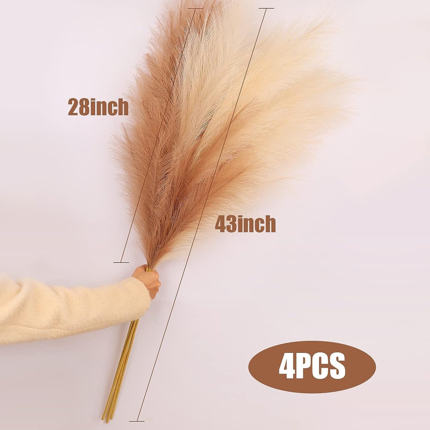 4PCS Faux Pampas Grass 43"/110cm Tall Artificial Pompas Floral Large Fake Pompous Grass, Rustic Trendy Minimalist Boho Farmhouse Room Decor (Beige Mix Brown)