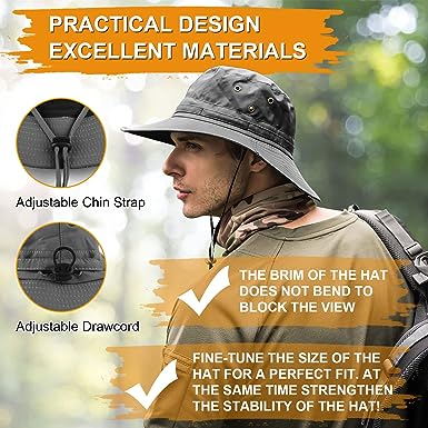 Fishing hat Wide Brim Sun Protection Hat with Breathable Safari hat and Fisherman hat Hiking Hats Boonie Hats for Man