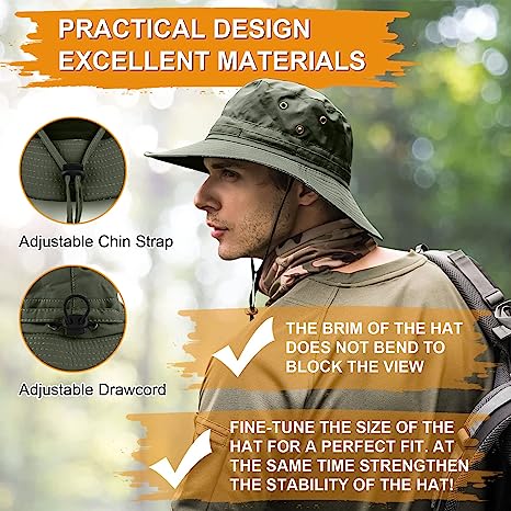 Fishing hat Wide Brim Sun Protection Hat with Breathable Safari hat and Fisherman hat Hiking Hats Boonie Hats for Man