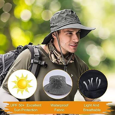 Fishing hat Wide Brim Sun Protection Hat with Breathable Safari hat and Fisherman hat Hiking Hats Boonie Hats for Man