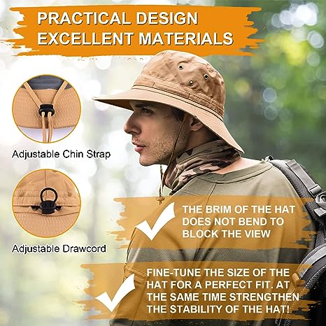 Fishing hat Wide Brim Sun Protection Hat with Breathable Safari hat and Fisherman hat Hiking Hats Boonie Hats for Man