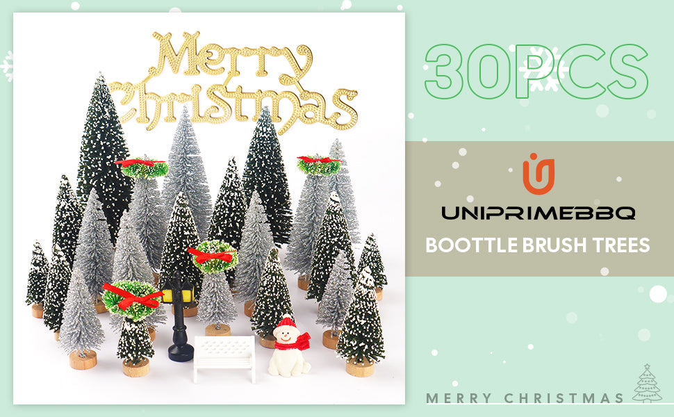 UNIPRIMEBBQ Mini Miniature Christmas Pine Tree Bottle Brush Trees Wooden Bases Tree for Your Village Desktop Xmas Holiday Party