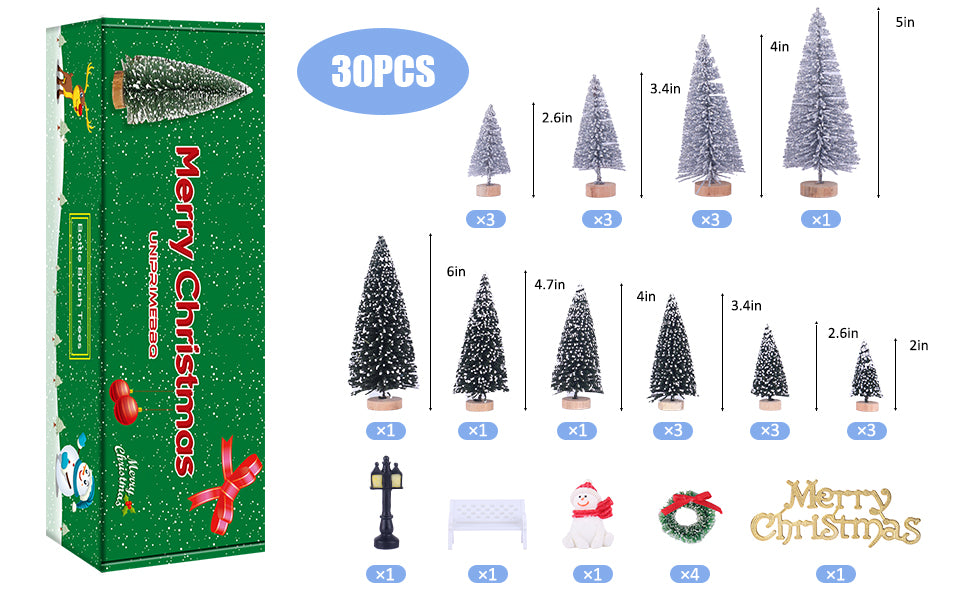 UNIPRIMEBBQ Mini Miniature Christmas Pine Tree Bottle Brush Trees Wooden Bases Tree for Your Village Desktop Xmas Holiday Party