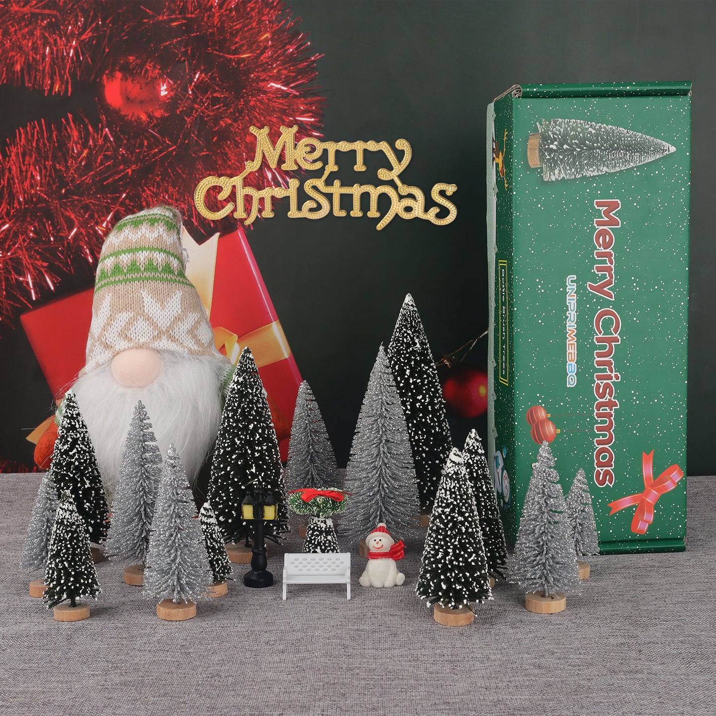 UNIPRIMEBBQ Mini Miniature Christmas Pine Tree Bottle Brush Trees Wooden Bases Tree for Your Village Desktop Xmas Holiday Party