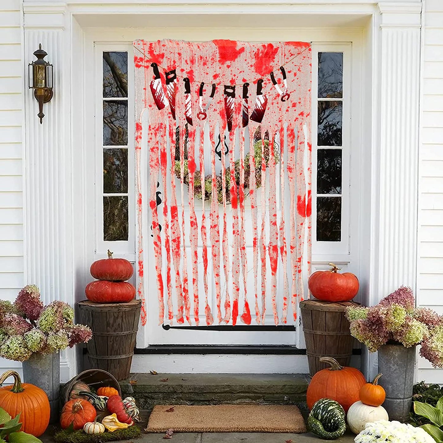 Halloween Decorations Decor Indoor Halloween Blood Weapon Banner Garland Banner Door Curtain for Halloween Party Decorations Halloween Bathroom Decor (white banner with 1 Door Curtain)